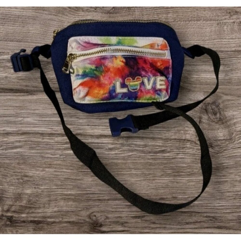 Disney Store Love Waist Bag Mickey Fanny Pack Rainbow Tie Dye Pride Sling Mouse - Picture 1 of 16